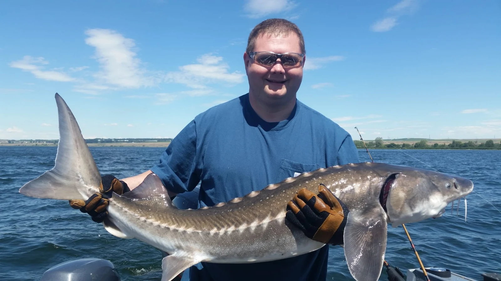 Smiling man in a blue shirt holding a keeper sturgeon on open water