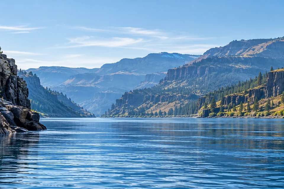 River-gorge landscape illustration with basalt cliffs and calm blue water