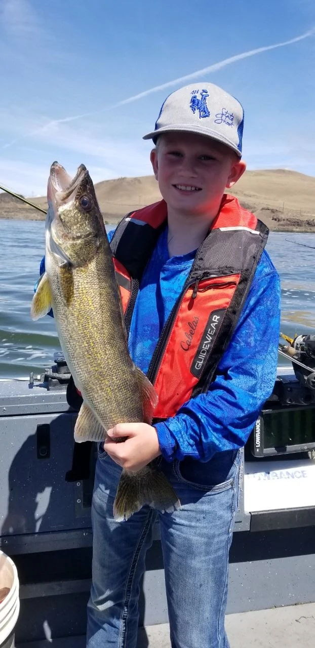 Boy in an orange life jacket holding up a walleye on the boat, hills and blue sky behind